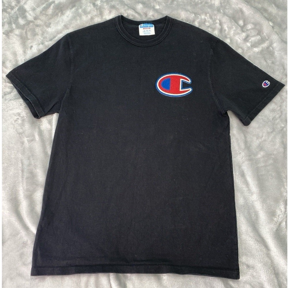 Champion T-Shirt Mens Medium Black Big Chenille C Logo Patch Short Sleeve Tee